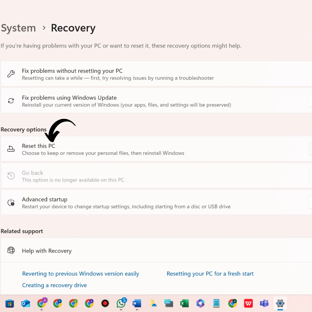 Windows Recovery settings page showing "Reset this PC" option highlighted.
