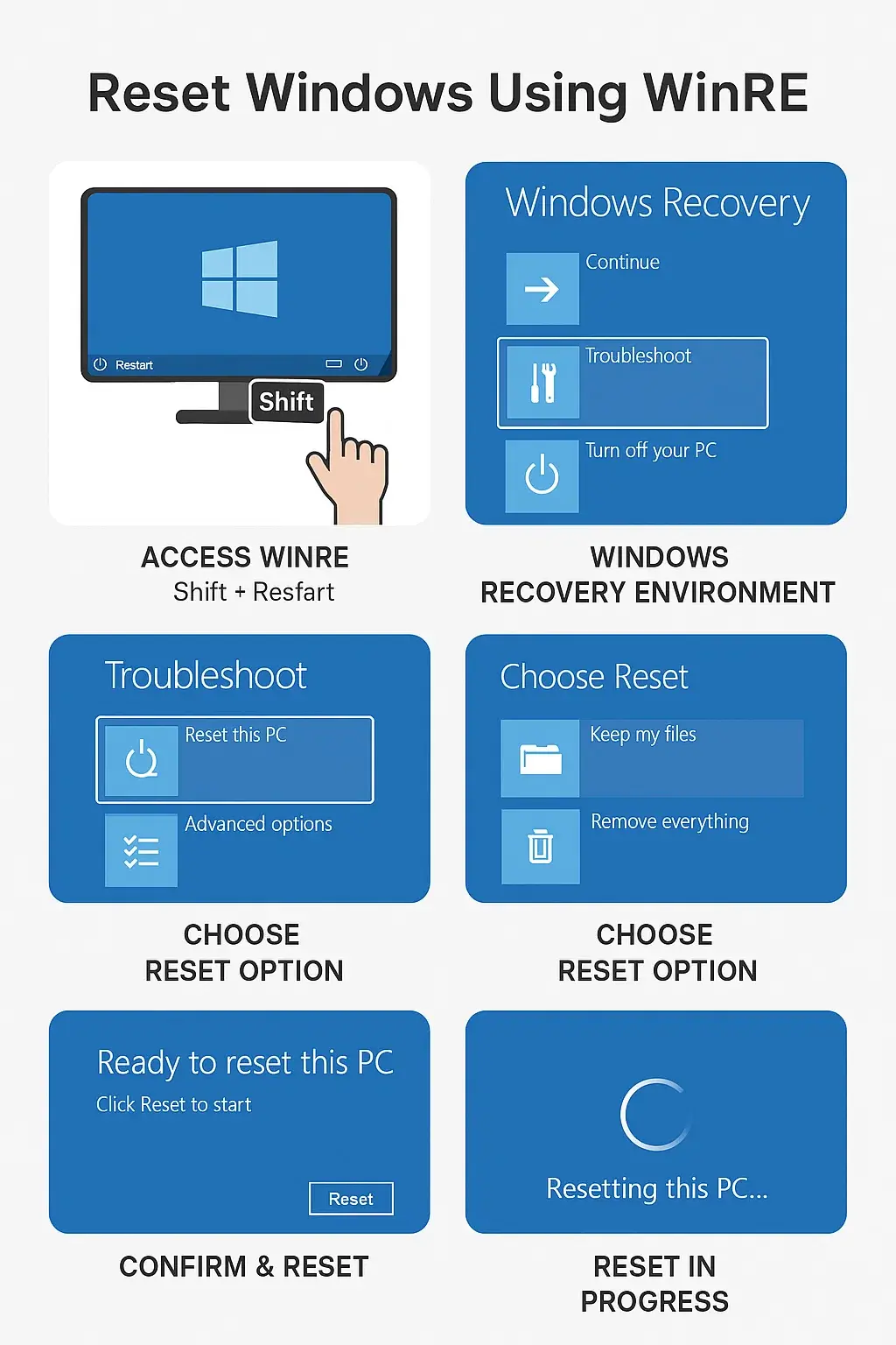 Step-by-step visual guide showing how to reset a Windows PC using Windows Recovery Environment (WinRE), from accessing recovery mode to completing the reset.
