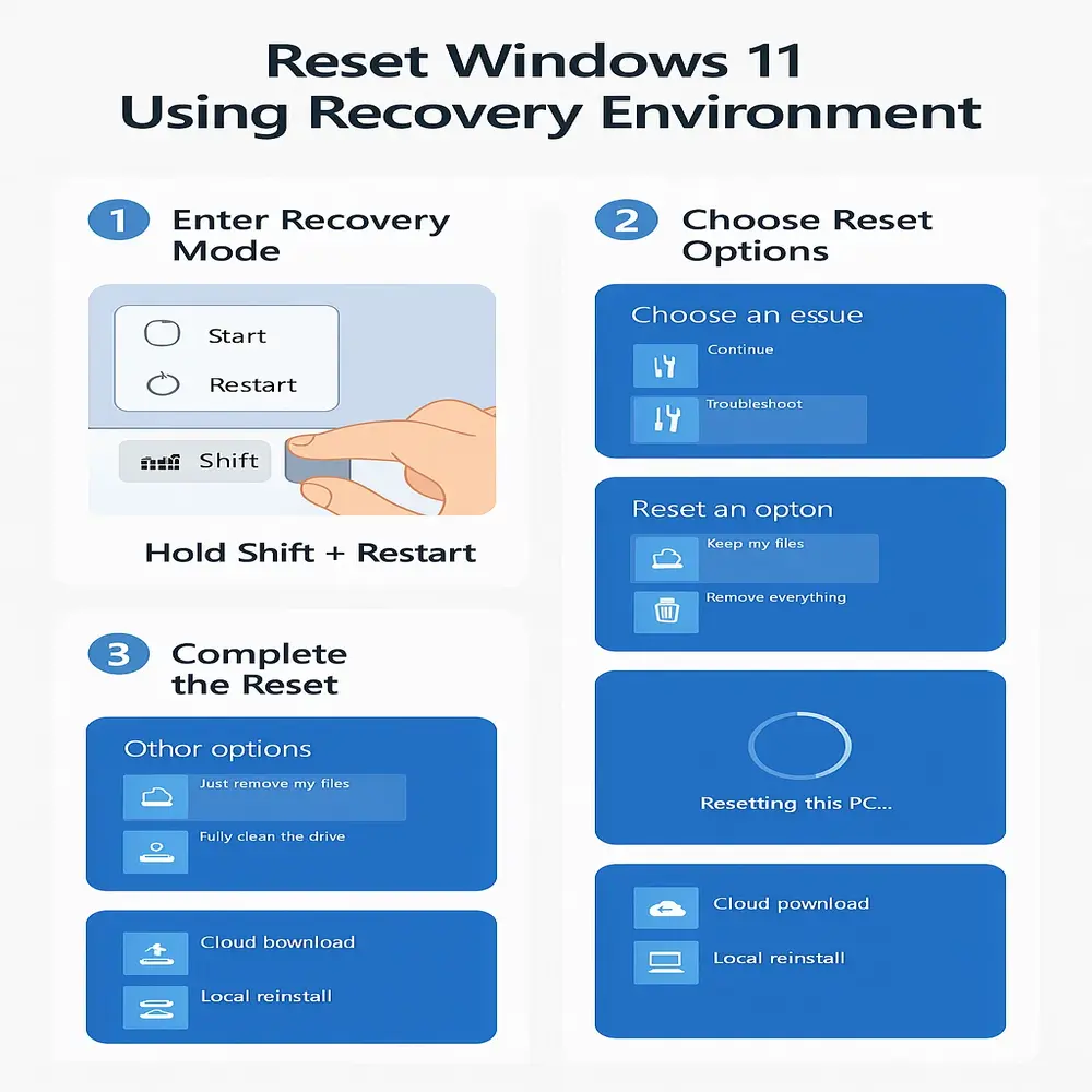 Step-by-step visual guide showing how to reset Windows 11 using the Recovery Environment, from entering recovery mode to choosing reset options and completing the process.