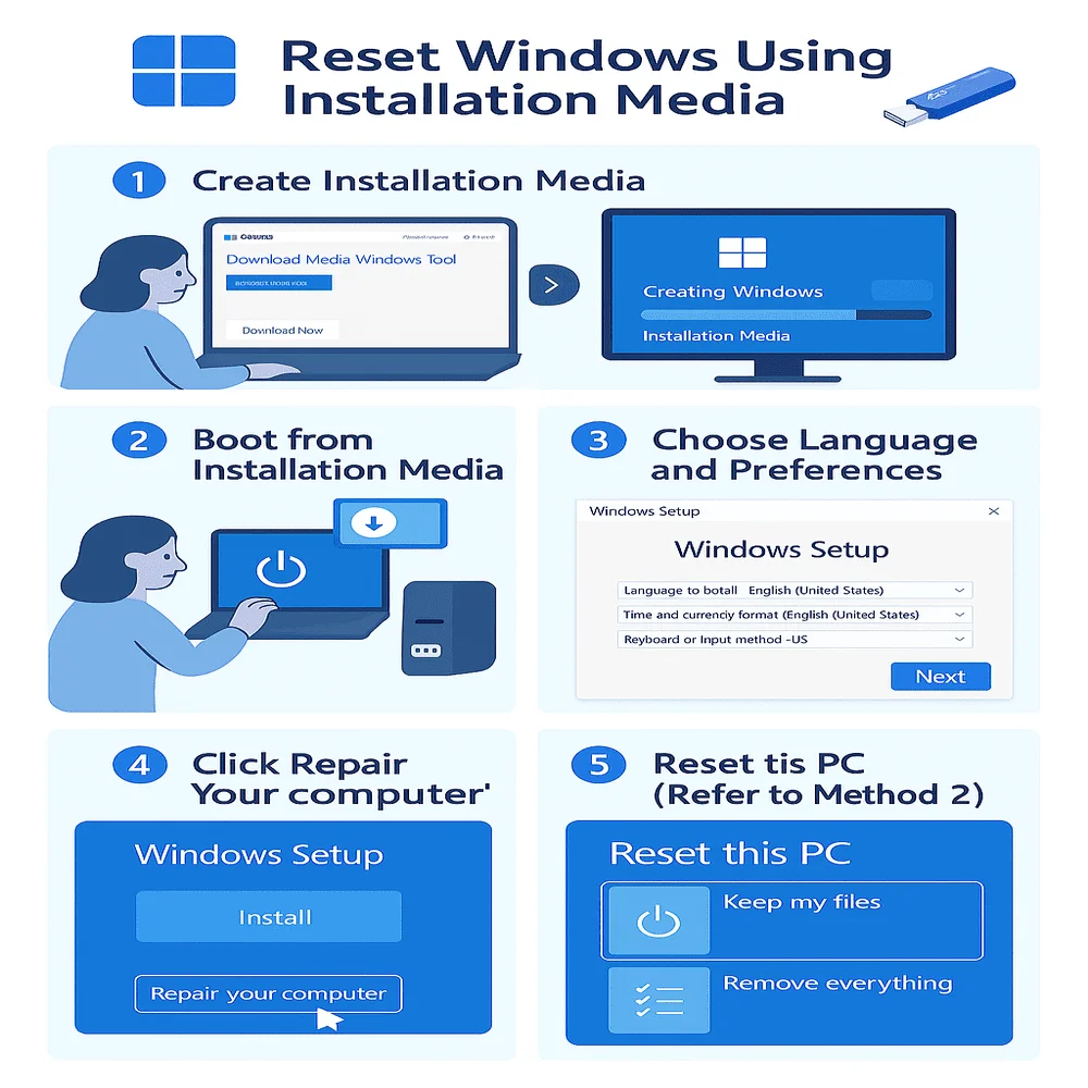 Infographic showing steps to reset Windows using installation media.