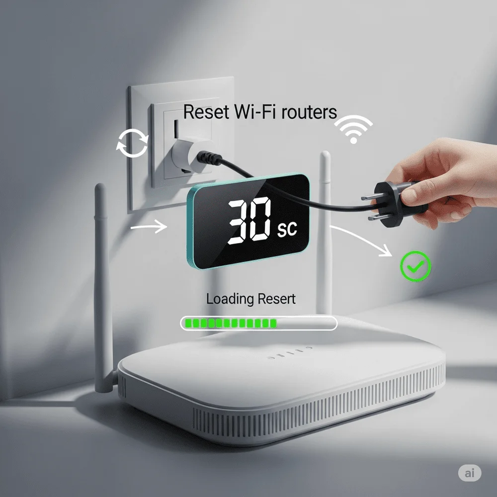Home Wi-Fi router being unplugged and restarted with a 30-second timer to boost slow internet speed using a simple reset trick