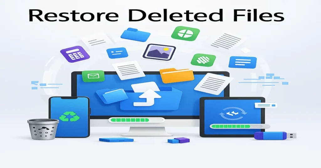 Illustration showing digital file recovery with devices, file icons, and the title "Restore Deleted Files."