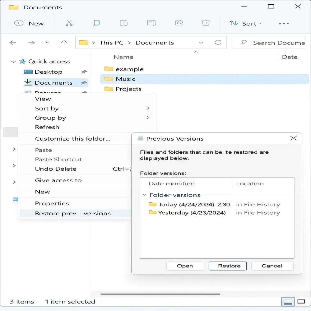 Windows File Explorer showing "Restore previous versions" with a dialog box listing available backups and a highlighted "Restore" button for recovering deleted files. 