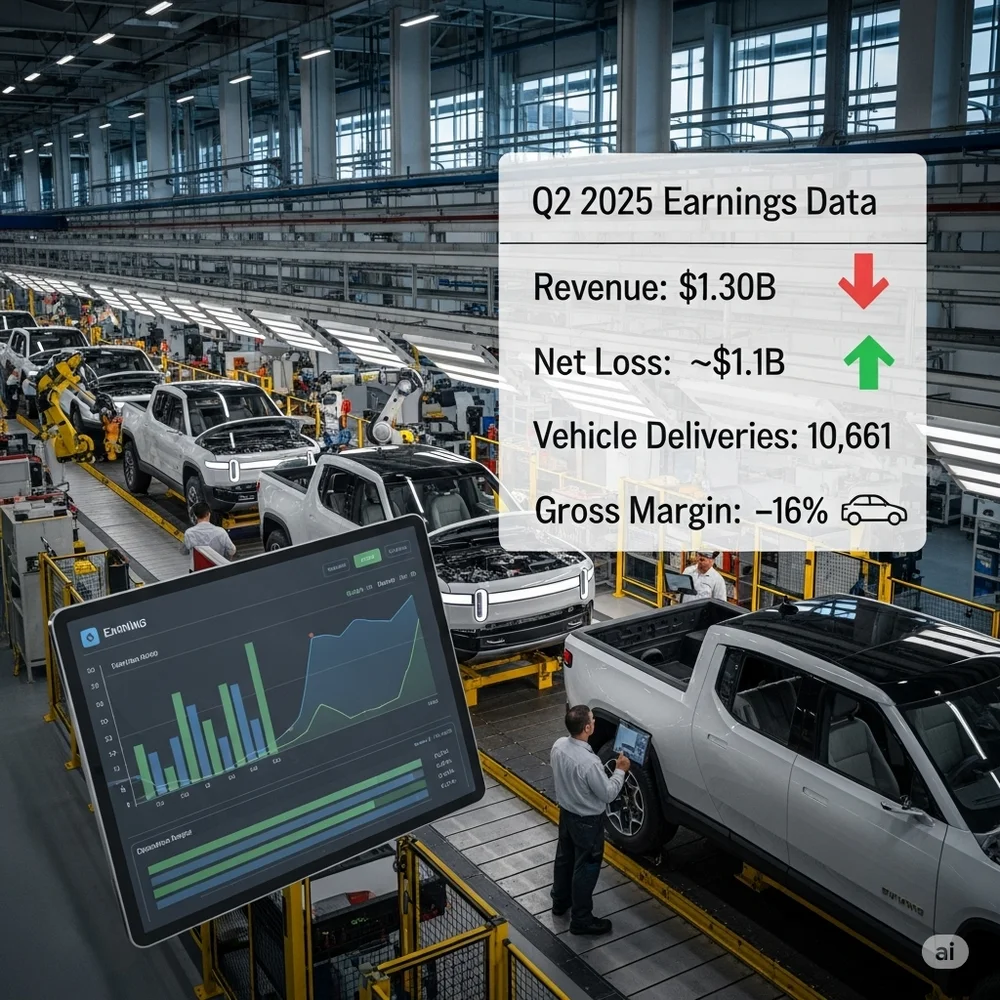 Rivian EV factory with Q2 2025 earnings overlay showing revenue, net loss, deliveries, and margin.
