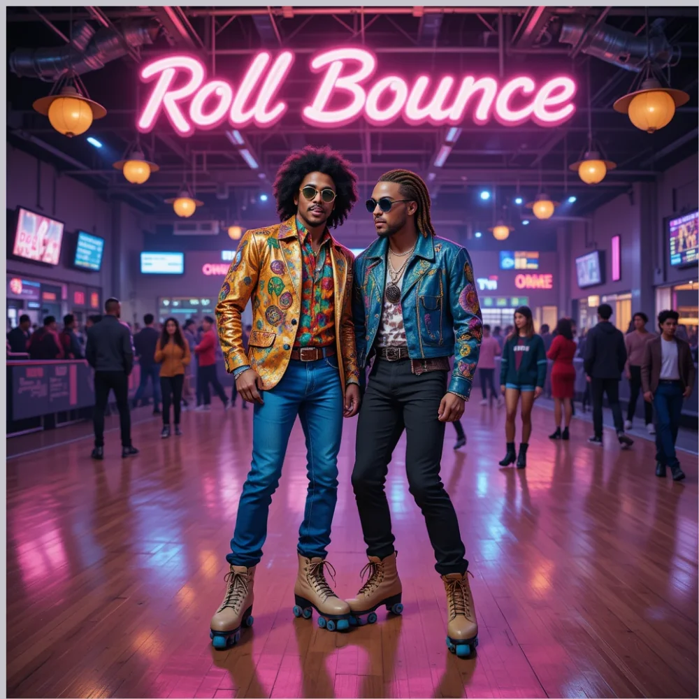 Khleo Thomas skating with "Roll Bounce" neon sign overhead.