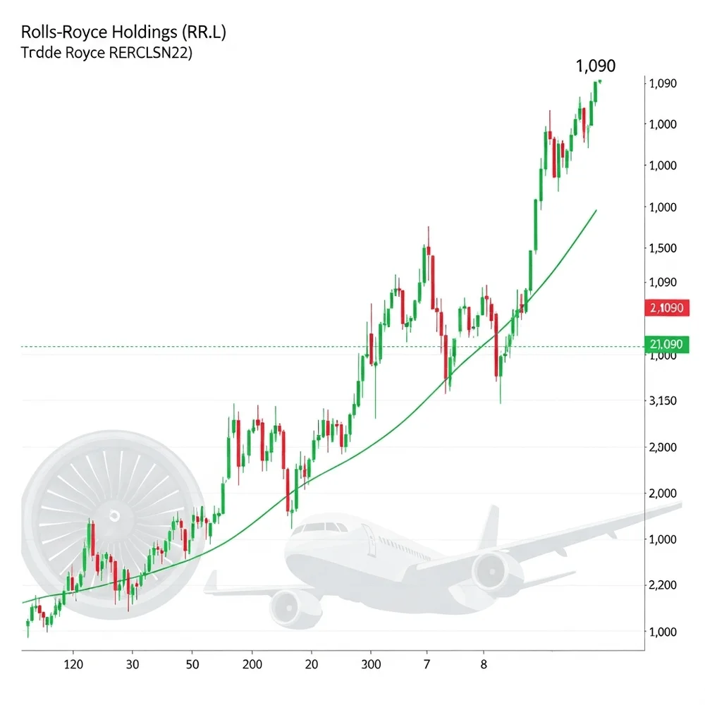 Stock chart showing Rolls Royce share price rising to 1,090 pence with jet engine background.