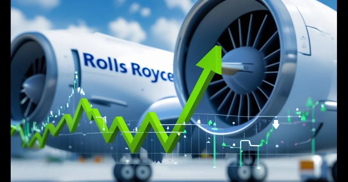 Rolls Royce share price chart with upward green arrow and jet engine background.