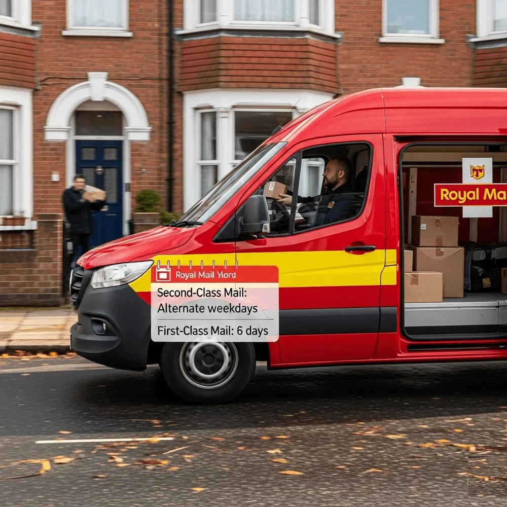 A Royal Mail delivery van on a UK street, illustrating new delivery schedules for first-class and second-class mail.