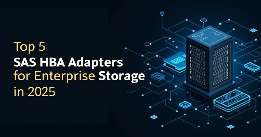 Futuristic server illustration with text "Top 5 SAS HBA Adapters for Enterprise Storage in 2025.