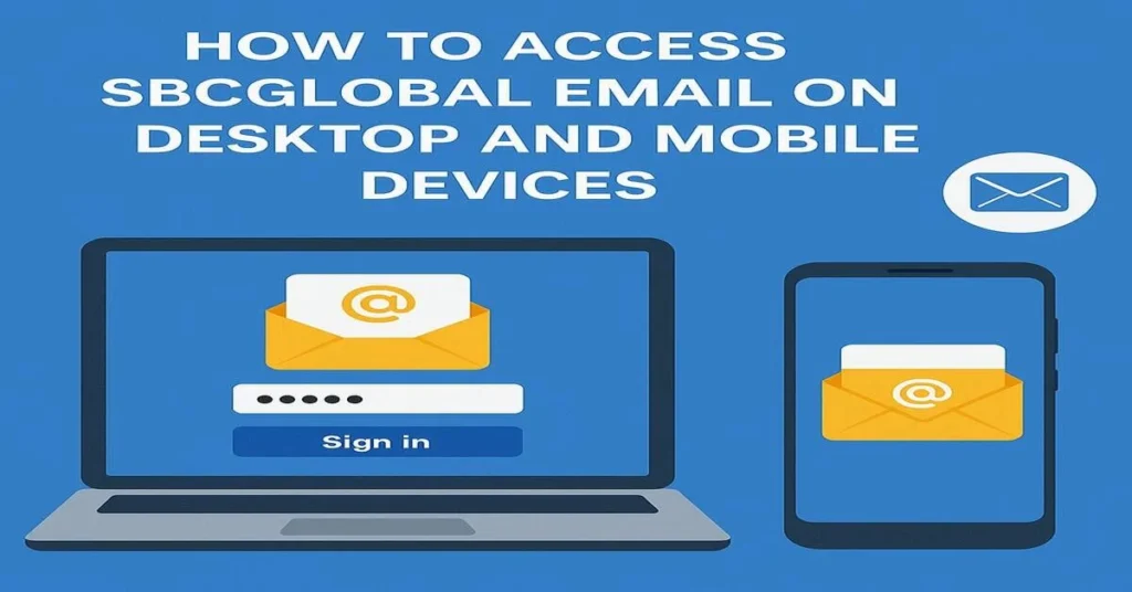 Illustration showing SBCGlobal email access on desktop and mobile devices, featuring a laptop and smartphone with email icons and a sign-in screen on a blue background