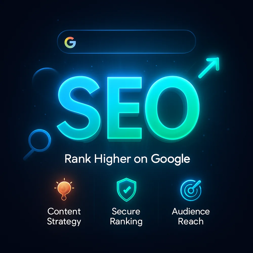 SEO text and Rank Higher line on dark design