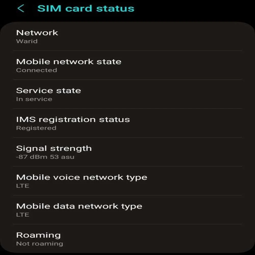 Unlocked phone connected to Warid LTE with active service, IMS registered, good signal, and roaming off. 