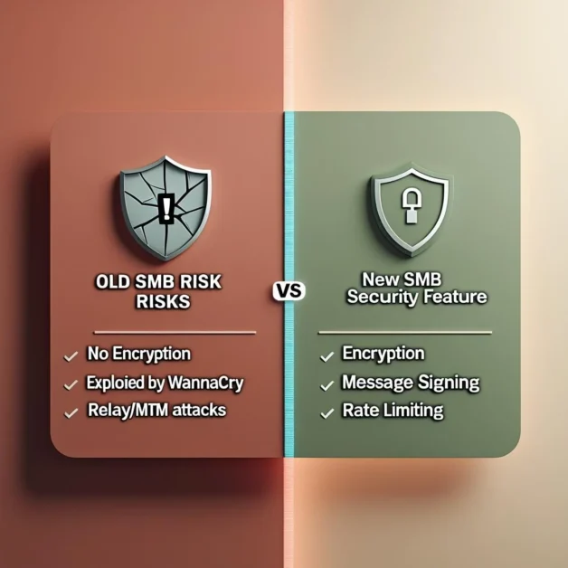 Side-by-side comparison of old SMB risks and new security features.