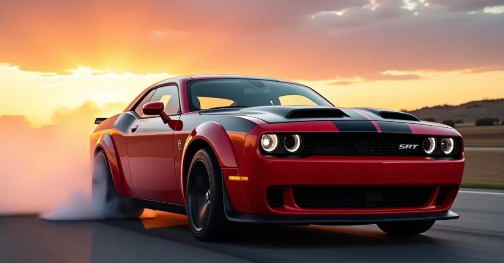 Red Dodge SRT muscle car burnout