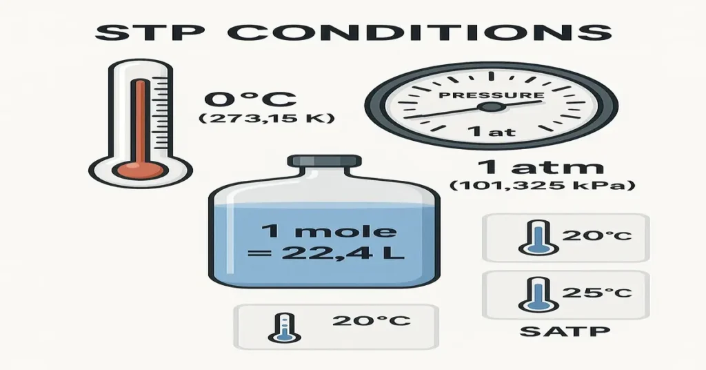 Illustration of STP conditions showing temperature 0°C, pressure 1 atm, and gas volume 22.4 liters per mole with comparison to NTP and SATP.