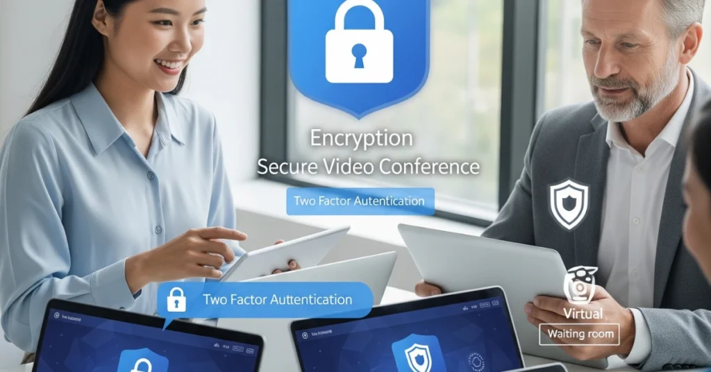 People in a secure video meeting with encryption icons