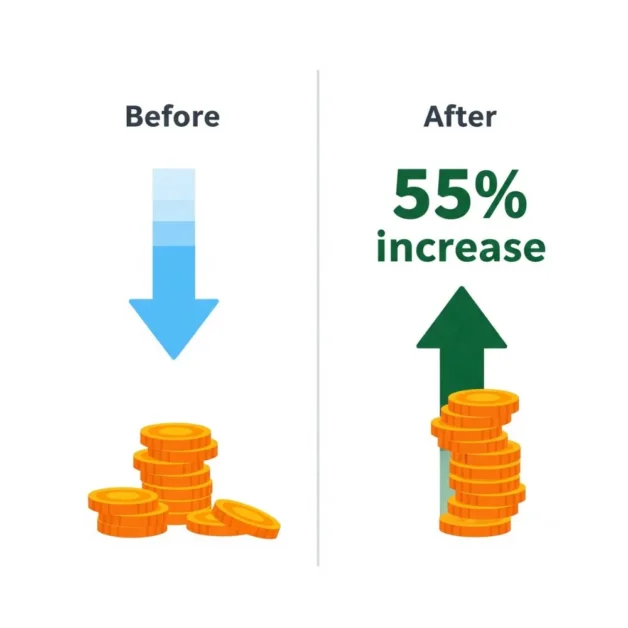 Before-and-after sales comparison showing a 55% increase.
