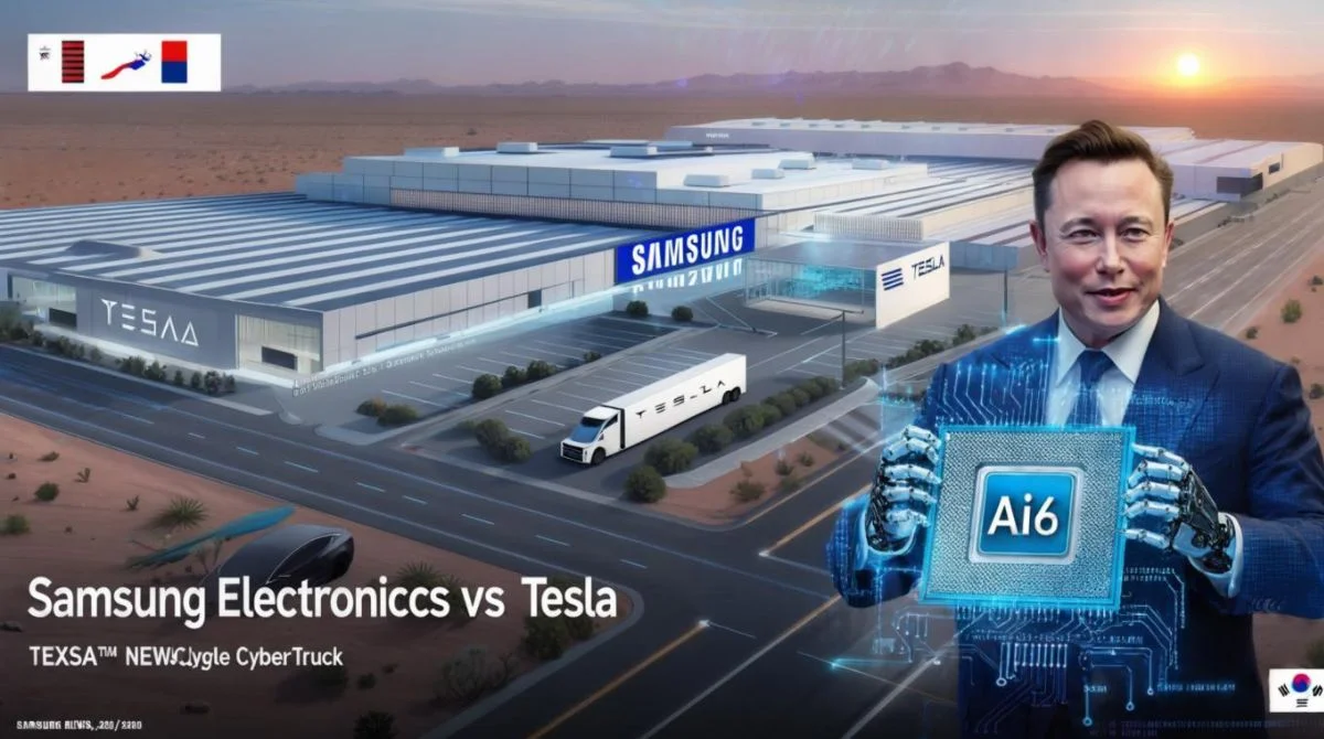 Illustration of Samsung Electronics and Tesla factories side by side in a desert landscape, with Elon Musk holding an AI6 microchip, representing a tech rivalry between Tesla and Samsung in AI and chip innovation.