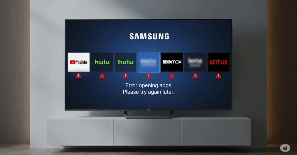 Samsung TV shows app errors with logo and alert
