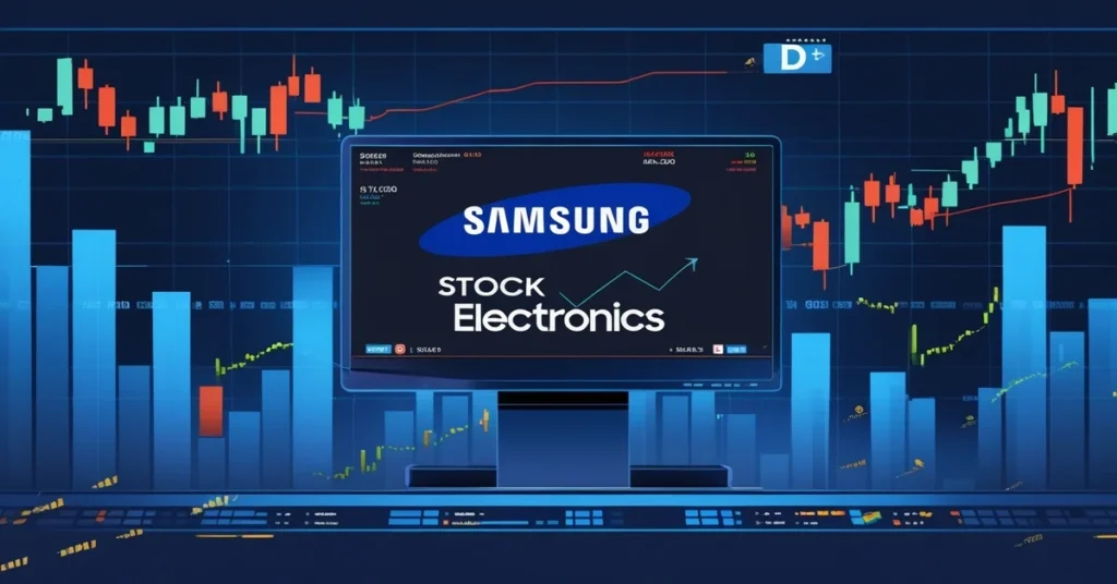 A stock market screen displaying the Samsung logo with fluctuating financial charts in the background, representing Samsung stock movement.