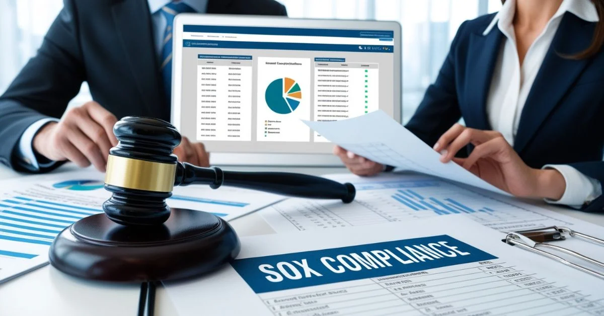 Executives reviewing financial documents to ensure compliance with the Sarbanes-Oxley Act (SOX).