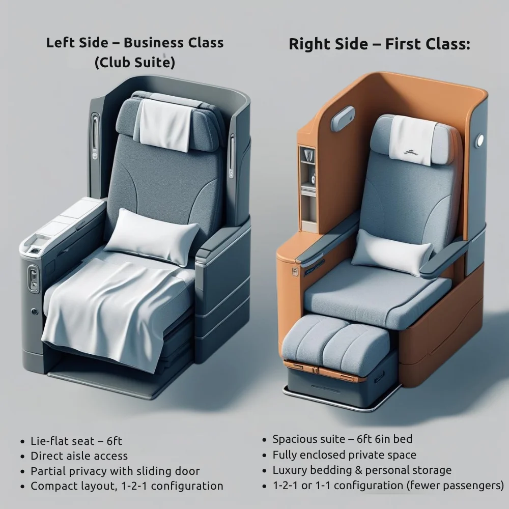Side-by-side comparison of BA Business Class and First Class seats highlighting differences in layout, privacy, and space. 