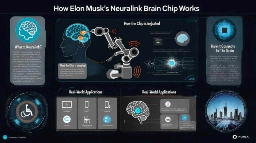Infographic showing how Elon Musk's Neuralink brain chip works, including chip implantation, brain connection, and real-world applications like mobility, AI and memory enhancement.