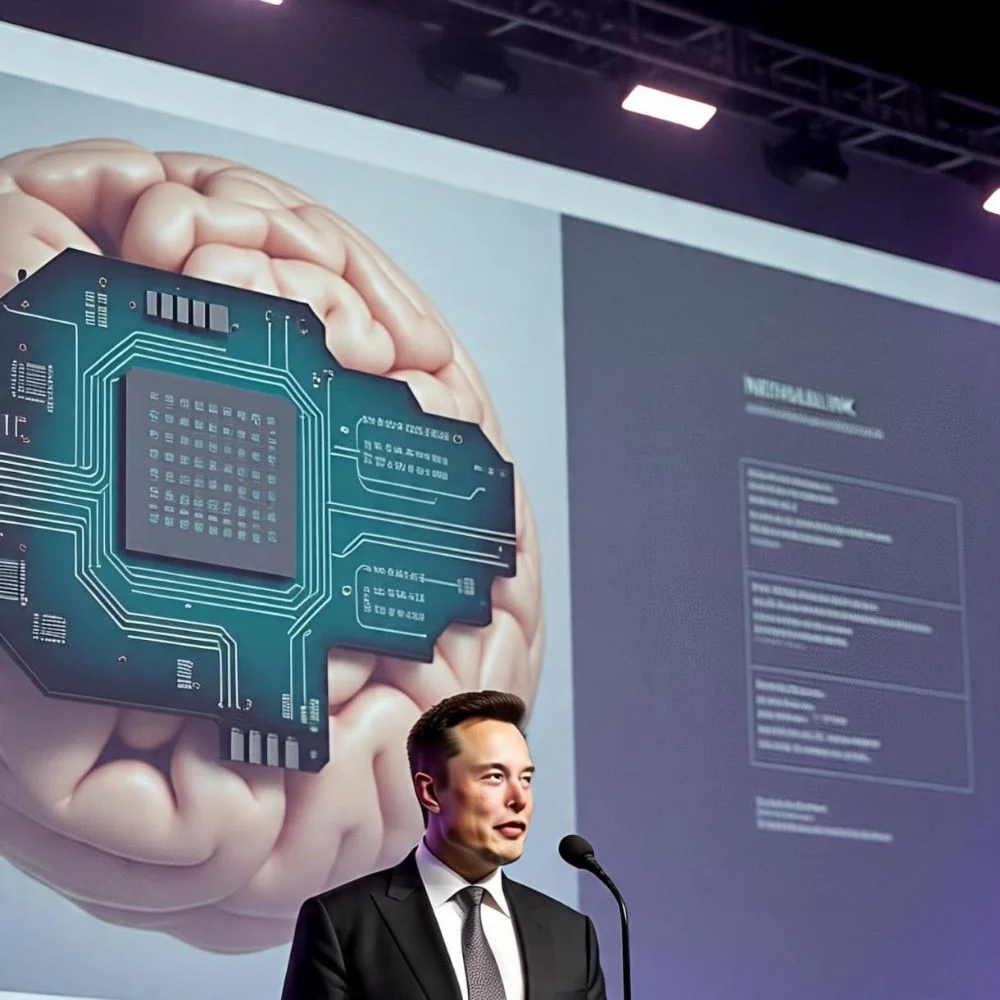 Infographic explaining how Elon Musk's Neuralink brain chip works, featuring a robotic arm implanting the chip, its connection to the brain, and various real-world applications.