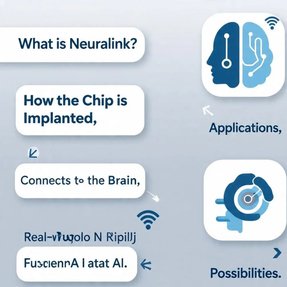 Infographic explaining how Elon Musk's Neuralink brain chip works, featuring a robotic arm implanting the chip, its connection to the brain, and various real-world applications.