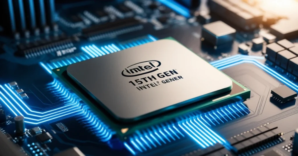 15th Gen Intel chip on digital motherboard background