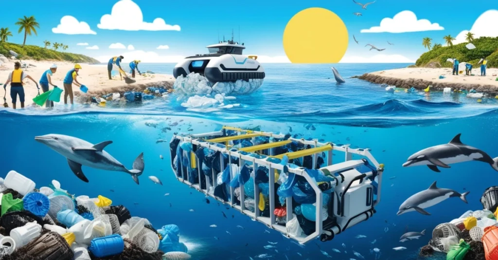 Ocean cleanup team removing plastic from the sea