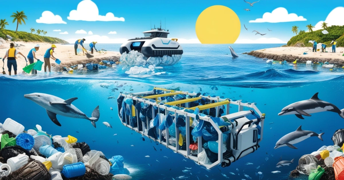 Ocean cleanup team removing plastic from the sea