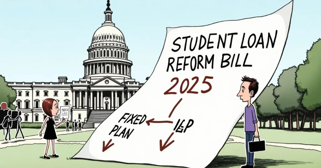 Cartoon of Capitol with giant 2025 Student Loan Reform Bill showing new repayment plans.