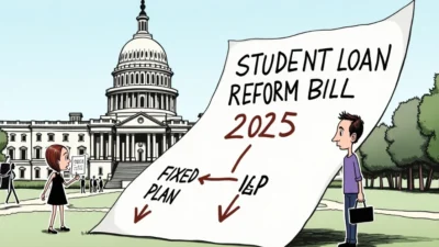 Cartoon of Capitol with giant 2025 Student Loan Reform Bill showing new repayment plans.