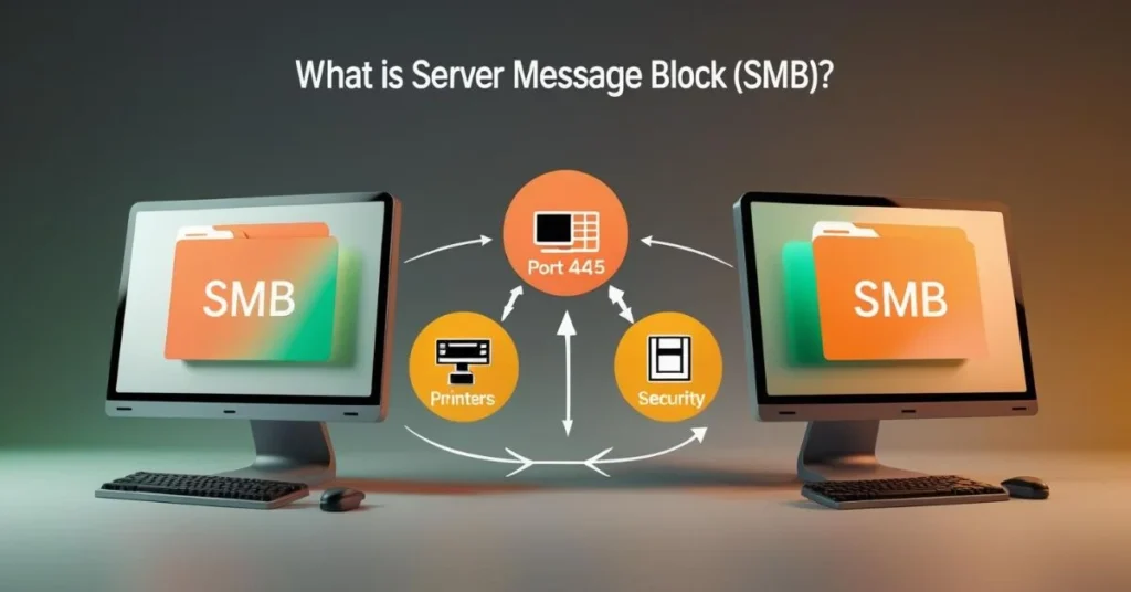 Two desktop computers connected via Port 445 share files, printers, and security using the Server Message Block (SMB) protocol.