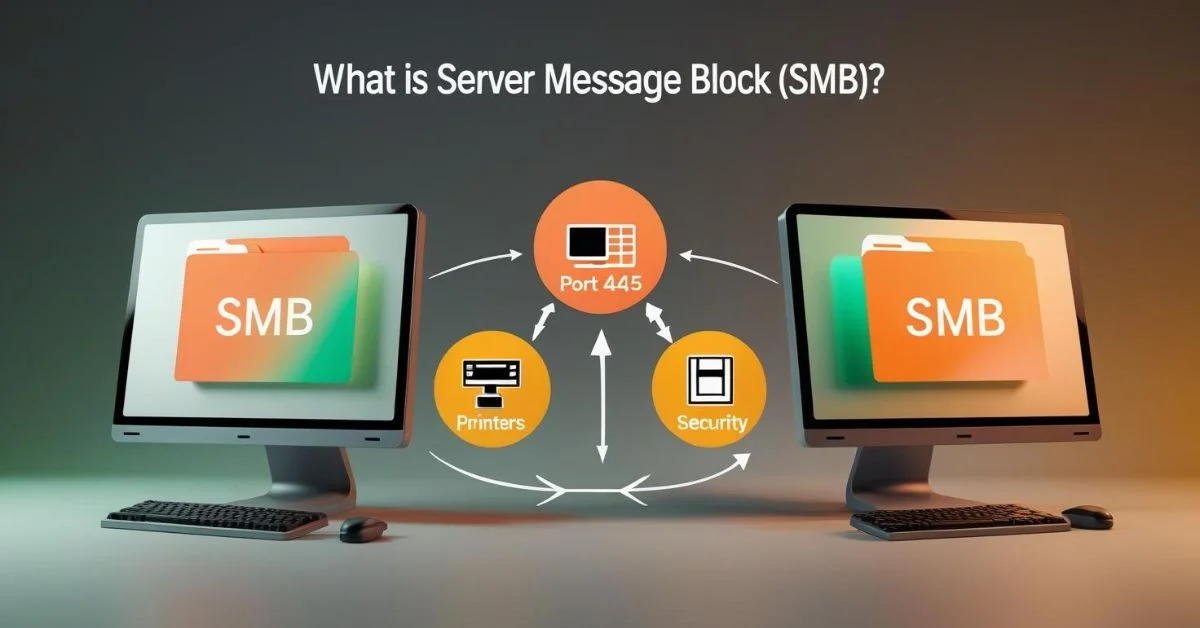 Two desktop computers connected via Port 445 share files, printers, and security using the Server Message Block (SMB) protocol.
