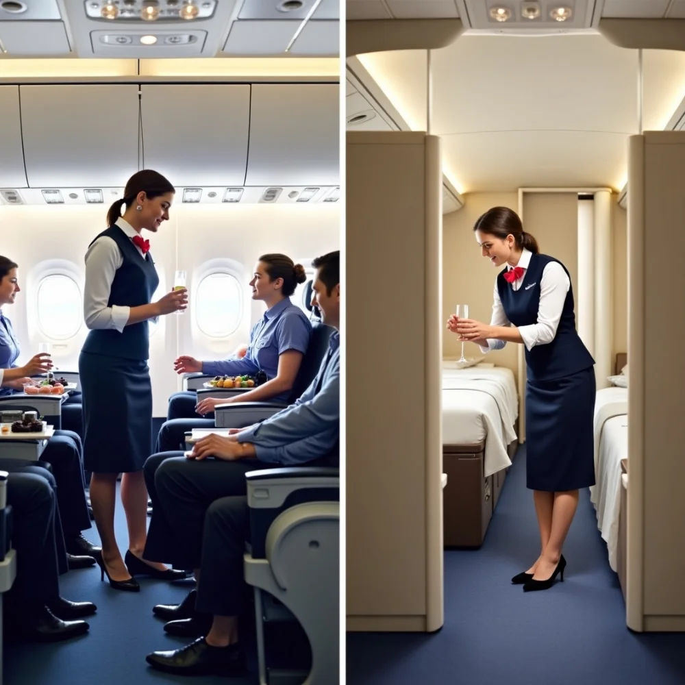 BA crew serving Business Class cabin vs personalized First Class suite.