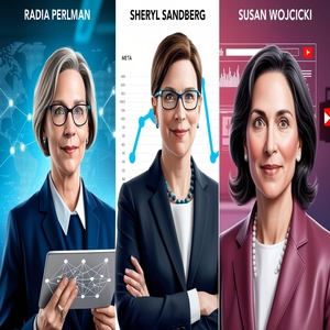 Radia Perlman, Sheryl Sandberg, and Susan Wojcicki with realistic faces in a tech-themed setting. 