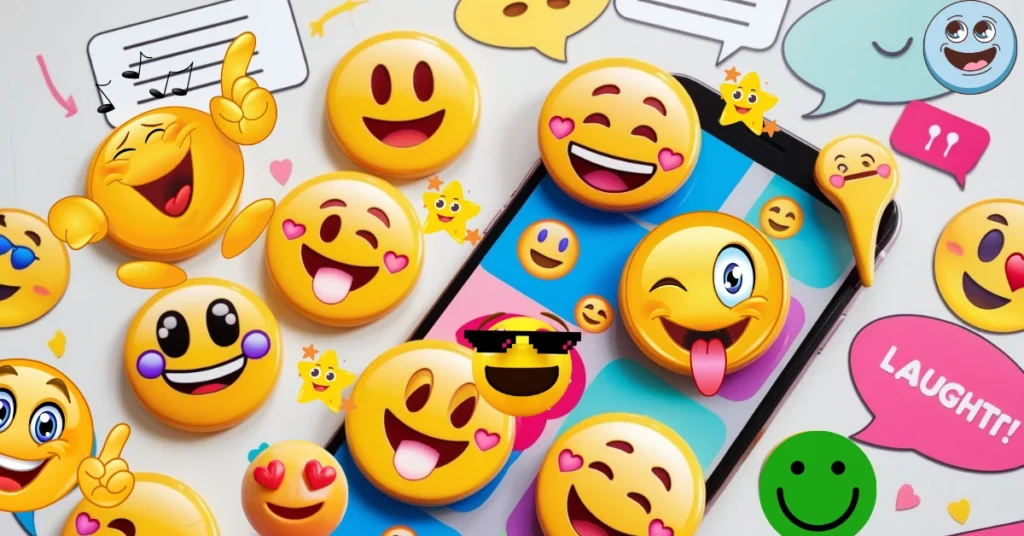 Colorful funny emojis on a phone screen with chat bubbles