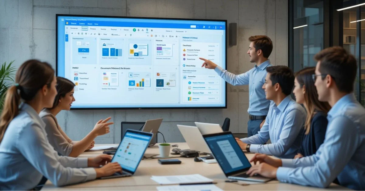 Office team using SharePoint dashboard to manage tasks, share documents, and collaborate efficiently
