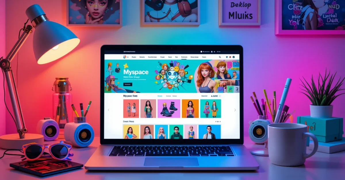 Trendy desk with gadgets and Myspace Shop screen