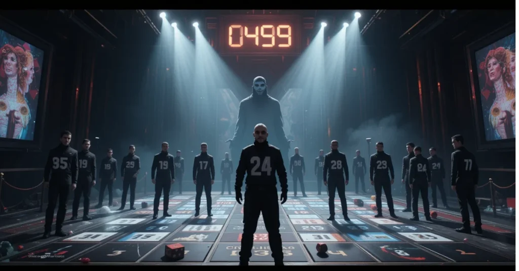 Contestants in numbered uniforms stand on a dramatic gameboard under harsh lights, with a masked figure and countdown timer adding suspense and mystery.