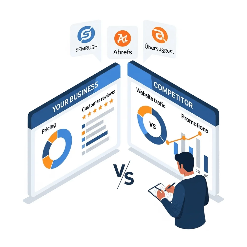 Illustration comparing your business and competitors using SEMrush, Ahrefs, and Ubersuggest as part of smart business growth strategies. 