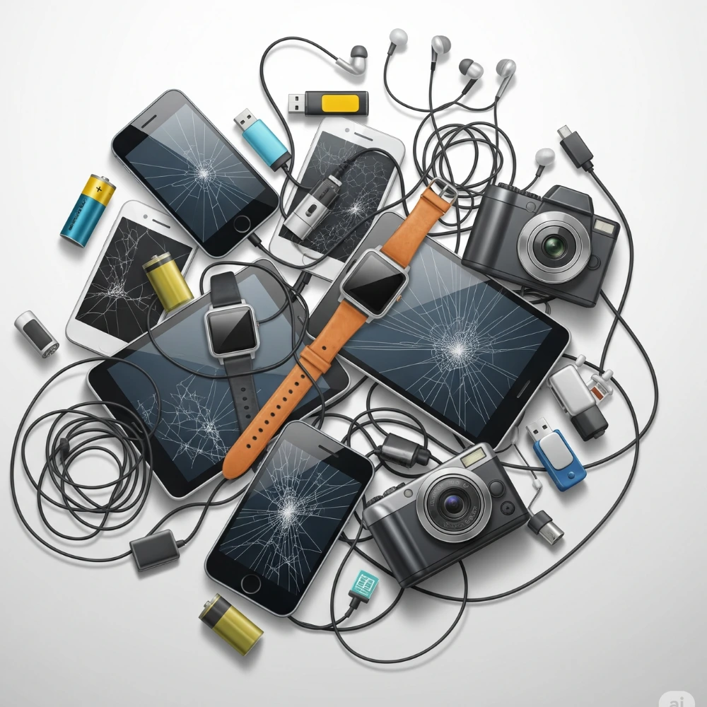 Small electronic waste items like old phones, tablets, and smartwatches discarded together on a surface.