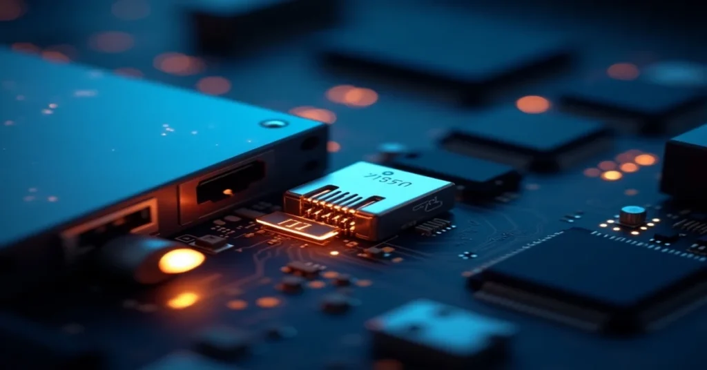 A small form factor pluggable character connecting to a compact device, showing its space-saving and hot-swappable design with digital circuit visuals.