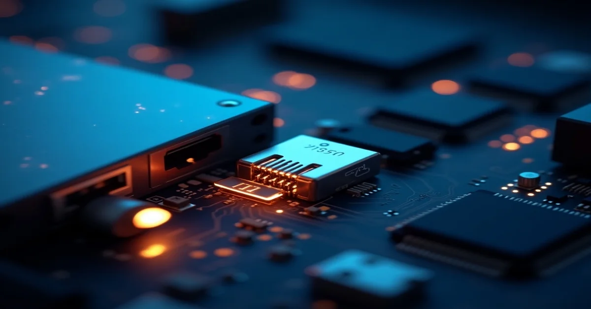 A small form factor pluggable character connecting to a compact device, showing its space-saving and hot-swappable design with digital circuit visuals.