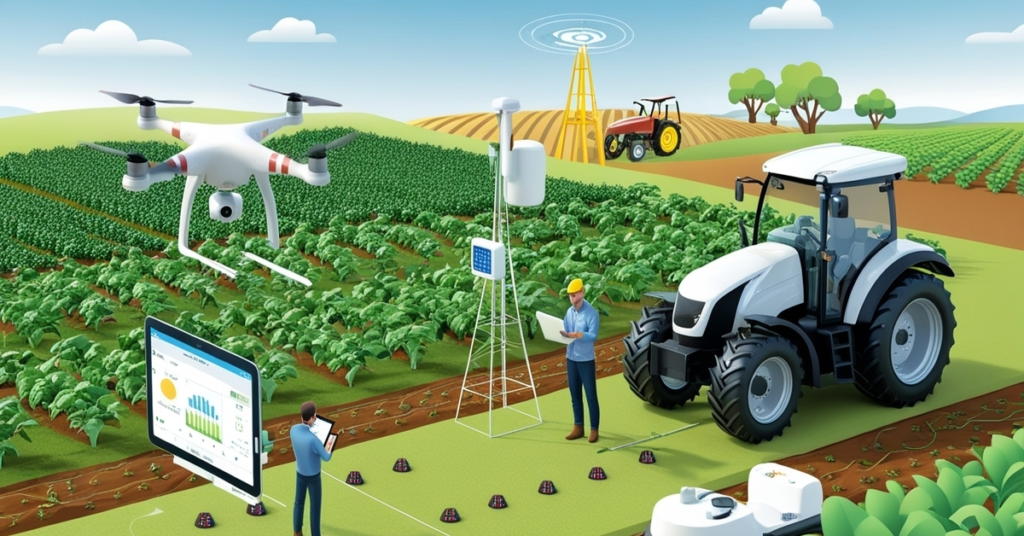 3D illustration of a smart farm using IoT devices like sensors, drones, and smart tractors