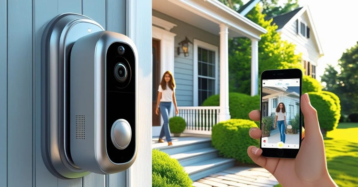 Person viewing a visitor through a smart video doorbell on a smartphone outside a house