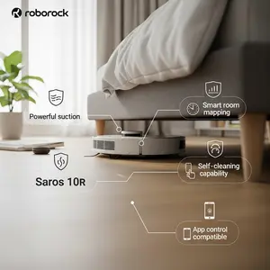 3D image of Roborock Saros 10 and 10R robot vacuums cleaning under furniture, with icons showing suction power, smart mapping, self-cleaning, and app control.