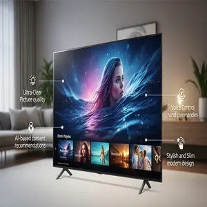 3D image of LG AI TV in a modern room showing clear visuals, with icons for voice control, smart suggestions, and sleek design.